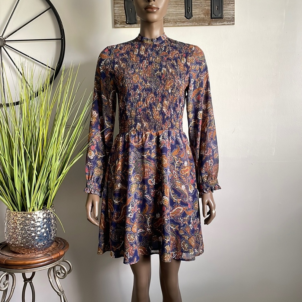 SUN & SHADOW Smocked Paisley Fit to Flare Dress Size S